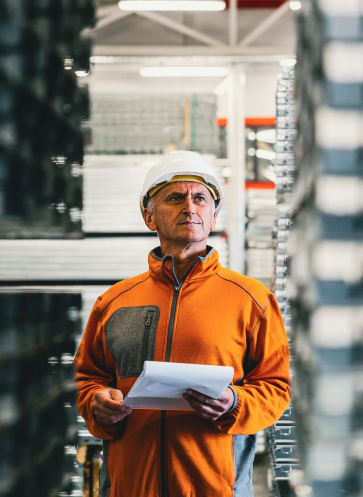 Warehouse worker in an orange safety jacket and white hard hat examines shelves while holding papers/clipboard in a data-driven aisle of storage racks.
